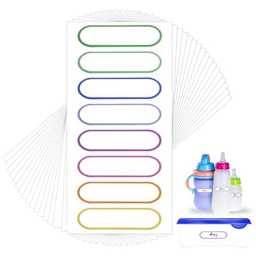 MBAIYO 136pcs Waterproof Name Labels, Self Laminating Write On Name Stickers Removable Water Bottle Name Labels Reusable Self-Adhesive Tag Stickers Colorful Lines School Cup Plastic Daycare Supplies