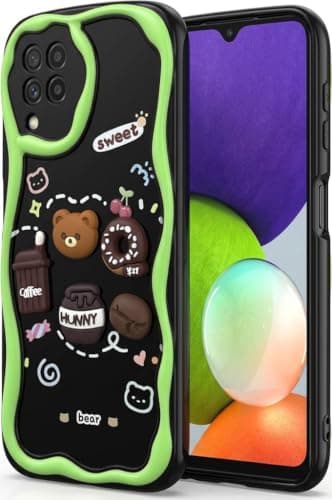 3D Cartoon Case Compatible with Samsung Galaxy A22 4G/M32 - Cute and Lightweight Raised Elements Soft Silicone Comfortable Hand Wave Shape (Baby Bear & Coffee Cup) Cellular phone case