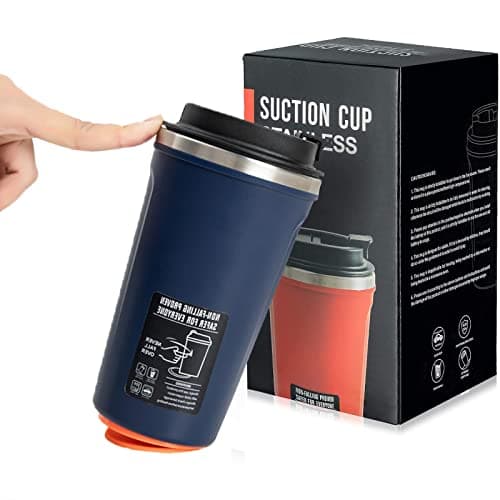 Coffee Cups 304 Stainless Steel Suction Cup Travel Mug Non Slip Capacity 380ml/9.5oz For Any Beverage, Home, School, Office(Blue)