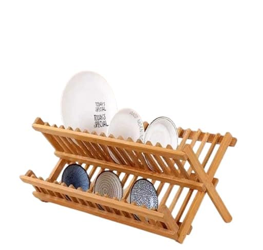 Wooden Dish Rack 2 Tier Foldable Dish Drying Rack Organizer Dish Rack with Streamlined Plates for Kitchen Counter Space Saving Classic Durable Easy Storage