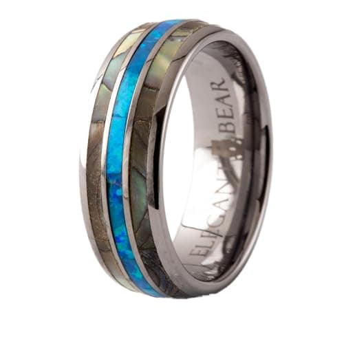 Silver Tungsten Carbide Ring inlaid with Abalone shells and Blue opal A97