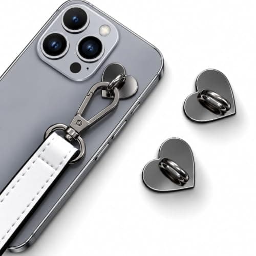Adhesive Phone Strap Anchor, 2PCS Heart-Shaped Metal Phone Holder, Secure Stick-On Attachment for Smartphones and Phone Cases, Durable Phone Lanyard Mount, Black Cell phone grip