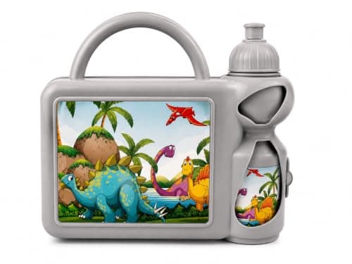 Kids Lunch Box with Water Bottle, BPA-Free Food Grade Plastic, Portable School Lunch Box with Handle for Boys & Girls, 25 × 22 × 10 cm (Grey)
