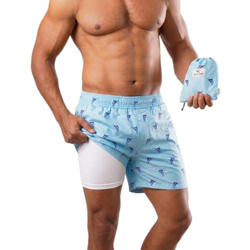 Swim Shorts with Built-in Compression Short Liner & Matching Bag by White Eagle for Men Swimwear