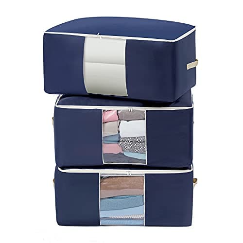 Homman Oxford Fabric Clothes Storage Bag Large Capacity Organizer with Reinforced Handle Sturdy Zipper and Clear Window for Blankets, Bedding, Comforters, 3 Pack, 84L, Blue, Storage box