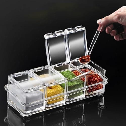 Generic 4-in-1 Transparent Spice Container Set with Spoons and Lids, Clear, for Salt, Pepper, Sugar, and Spices, .Ais