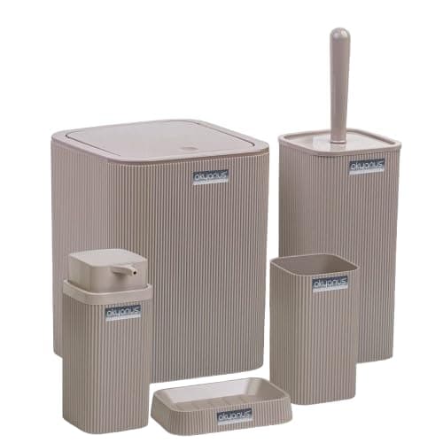 Okayanus 5-Piece Plastic Bathroom Accessories Set - Ribbed Square, Trash Bin with Lid, Soap Dispenser, Toothbrush Holder, Toilet Brush, Soap Dish Perfect for Bathroom Decor (Beige)