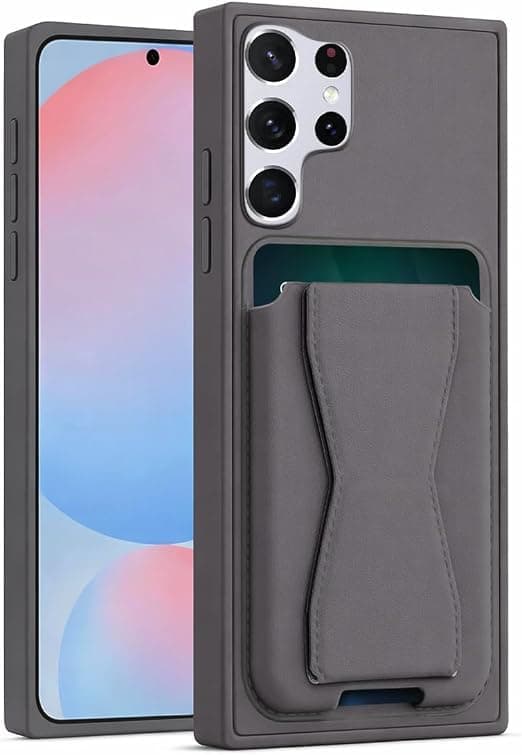 Leather Wallet Case Compatible with Samsung Galaxy S22 Ultra (6.8"), Leather Back Cover With TPU Frame, Shockproof Protective Phone Case with Card Holder Stand (Gray) Cellular phone case