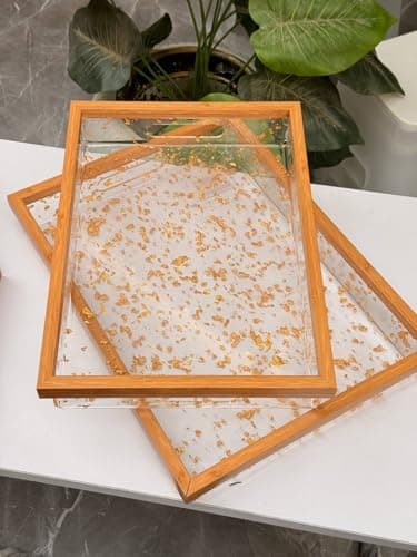 Generic Decorative Serving Tray Set with Gold Flakes, Clear and Wood Frame, 2 Pieces, Large 38x28 cm and Medium 34x24 cm, .soh