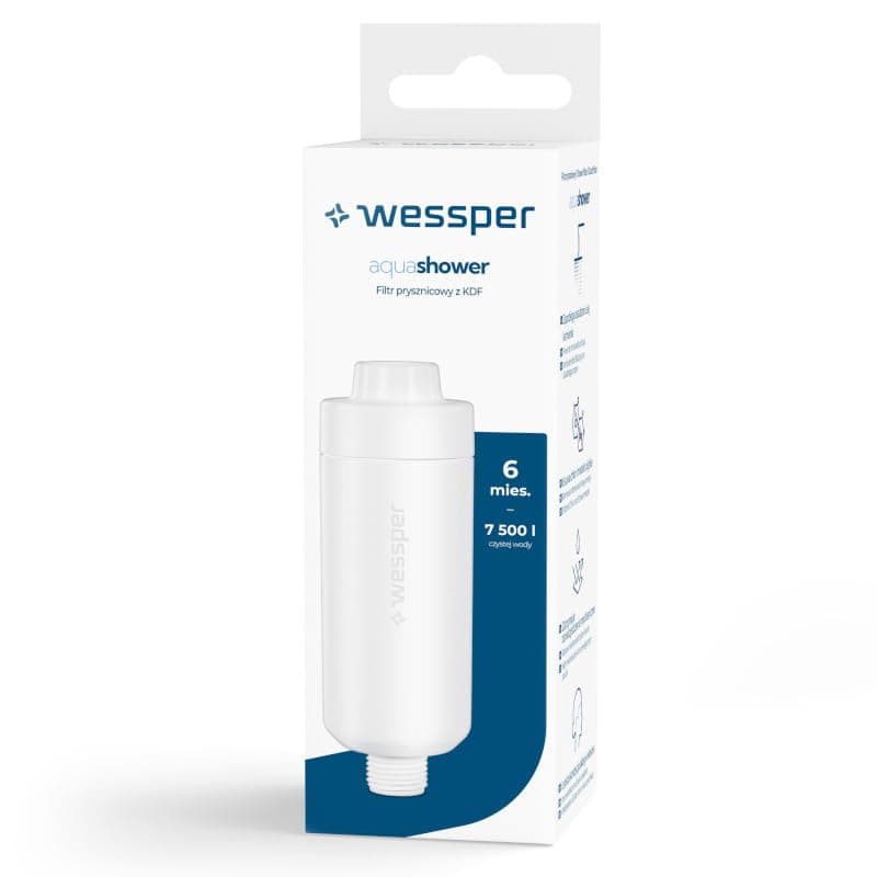 Wessper AquaShower White Shower Water Filter, Softening and Purifying, 140mm Height, 48mm Diameter, 7500L Capacity, Temperature Range 2-45°C