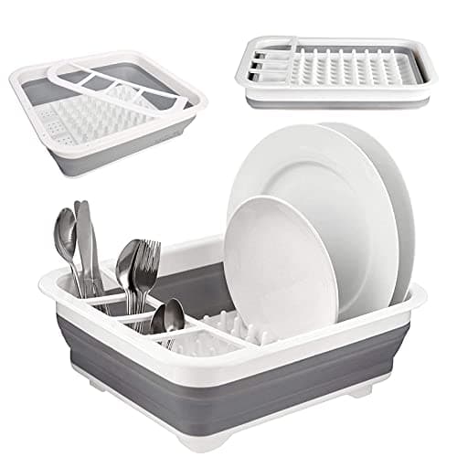 NAUDILIFE Collapsible Dish Rack Kitchen Accessories Portable Dish Drainer rack Multifunctional Dish Drainer Tray Plastic Camping Accessories Drain Rack Sink- with Folding Drain Basket Drying rack