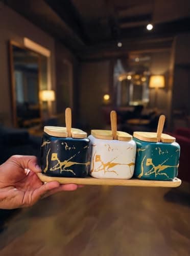 Generic Spice Jars Set of 3 with Wooden Stand and Spoons, .M
