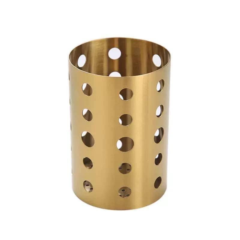Generic Gold Stainless Steel Kitchen Utensil Holder, Cylindrical Cutlery Organiser with Perforated Drainage Design, High Capacity, .sa Item container