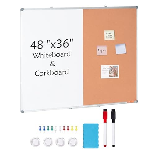 VEVOR 48"x 36" Whiteboard & Cork Board Combo with Aluminum Frame – 2-in-1 Magnetic Dry Erase Bulletin Board for Wall Mount – Ideal for School, Home, Office Pinboard