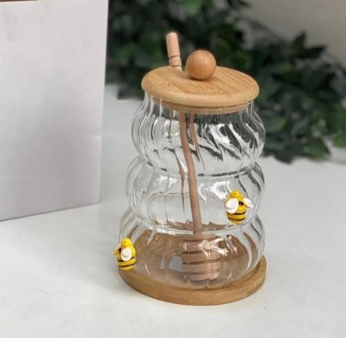 Generic Glass Honey Jar with Wooden Dipper and Lid, Beehive Shape, Bee Decorations, Clear .soh
