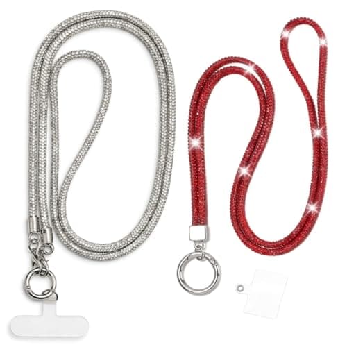 Pack of 2 Mobile Phone Chain, Glitter Mobile Phone Strap, Universal Lanyard, Glitter Mobile Phone Chain for Hanging, Long Glitter for Mobile Phones, Cameras, Key Ring, ID Card Holder (Red & Silvar) Body strap