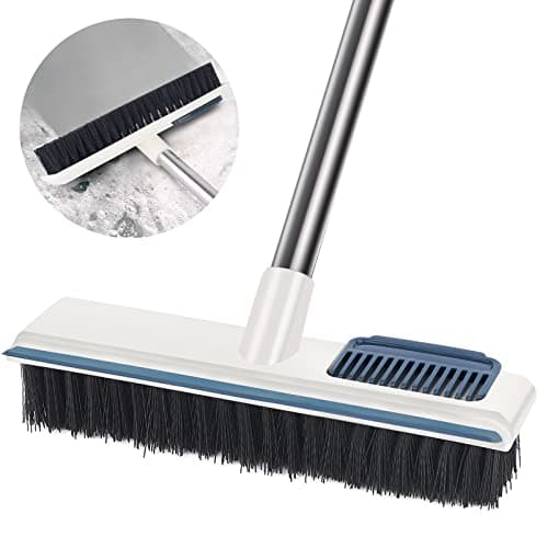 Nincee Long Handle Floor Scrub Brush, 2 in 1 Scrubber with Comb and Scraper for Kitchen, Bathroom, Patio, Walls and Decks (White) Broom