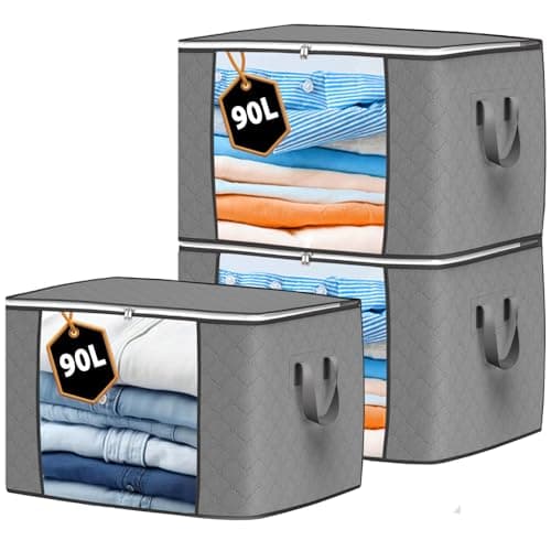 KURNI 3 Pack Storage Bag Grey, Large 90L Capacity, 3 Sided Zip Top Lid, Practical for Storing Clothes, Toys & Duvet. Dust/Mites Proof, Ideal for House Moving. (60 x 43 x 35 cm) Storage box