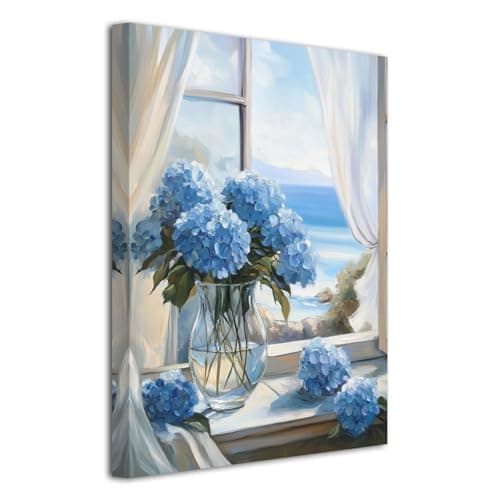 LZIMU Hydrangea Wall Art for Bathroom Blue Hydrangea Picture Rustic Floral Canvas Prints Blue Flower Painting for Living Room Decor Framed (Blue, 18L x 12W)