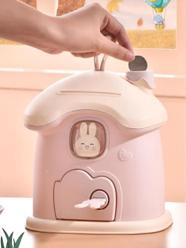 Saving Box - Cute Mushroom House Shape Bank with Key and Door | 2 Key Attachment, 20x17x5.5 Inch, Office & Shelves, Funny Rabbit Design, Lightweight and Portable Money bank