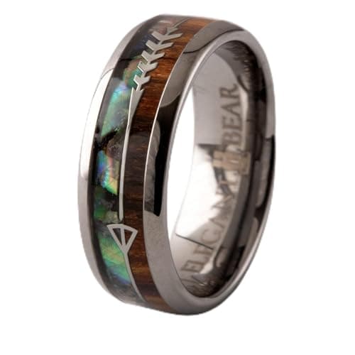 Silver Tungsten Carbide Ring inlaid with natural koa wood and abalone shells A125