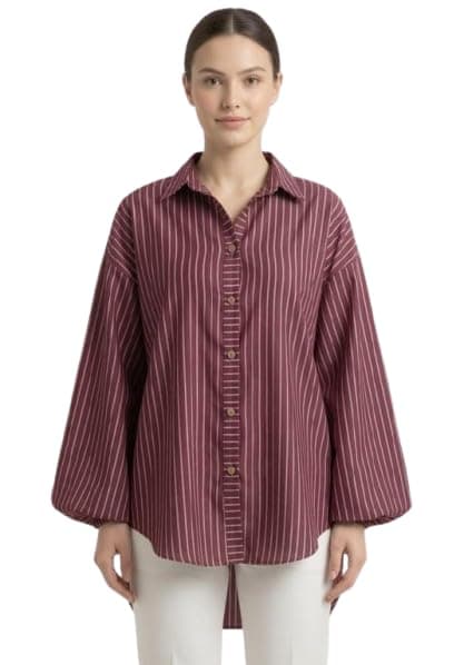 Striped Balloon Shirt, Burgundy Stripe | Lightweight breathable woven fabric