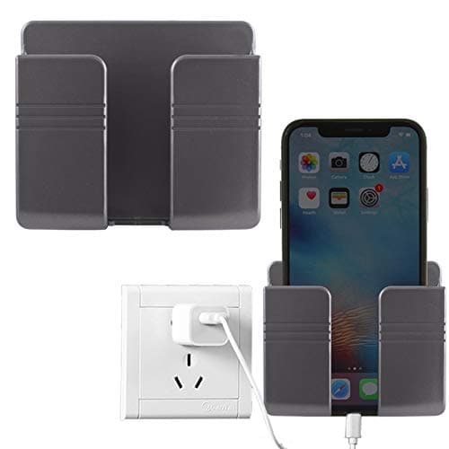 Hiyoo 2Pcs Wall Mount Phone Holder 3M Adhesive Mobile Phone Charging Stand Holders Remote Control Stand Multipurpose Storage Box for Home Office (Gray) Portable electronic device stand