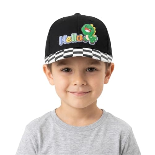 Kids Baseball Cap with Dinosaur Hello Print | Checkered Brim, Cartoon Graphic, Boys Cap, Snapback Style, Casual Wear Hat
