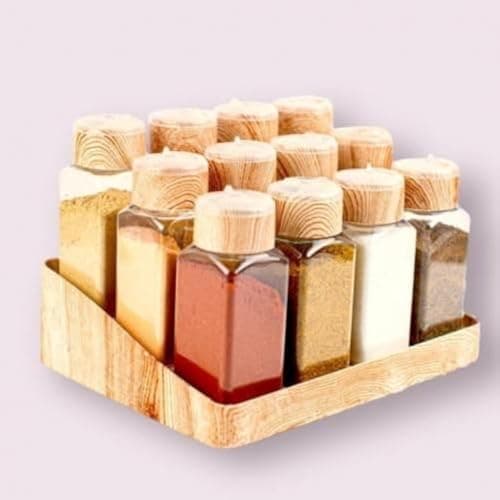 Plastic Jars Set 12 Pieces Transparent Design In Wooden Colors