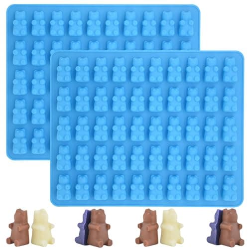 Gummy Bear Candy Molds, Set of 2, BPA Free Mini Gummy Bear Silicone Molds for Kids, 100-Cavity Gummie Trays Molds for Chocolate Caramel Ganache Ice Cube, 7.3 x 5.3 x 0.3 inches, Blue Food preparation mold