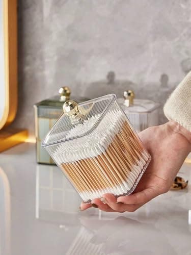 Generic Clear Acrylic Cotton Swab Organiser with Lid, Ribbed Glass Design with Gold Knob, Single Compartment Vanity Storage .sa Item container