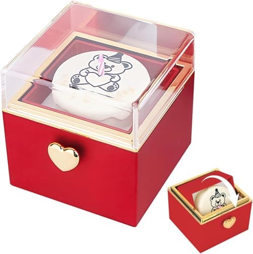 NUBIIAA Rotating Ring Box for Proposal Engagement, Little Bear Cake Flip Wedding Day Birthday, Surprise Ring Bearer Proposal Box Necklace Bracelet Gift Jewelry Box for Women &Man (red)