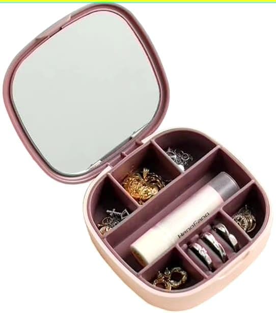 Travel Jewellery Box Organiser with Mirror, Pink | Built-In Mirror, Multiple Compartments, Portable Design, Rings & Earrings Storage, Snap Closure