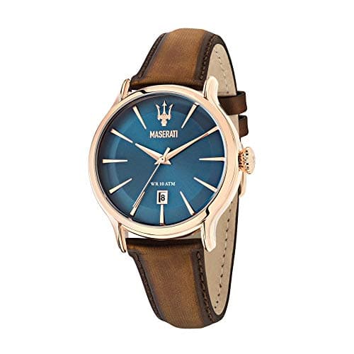 Maserati Epoca Mens Quartz Date Wrist Watch Analog 42 mm Round Blue Dial with Mineral Crystal and Brown Leather Band 100m Water Resistant Business Genuine Luxury Watches - for Men