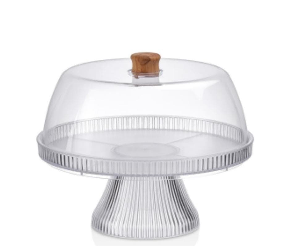 Generic Ribbed Clear Cake Stand with Dome Cover, Multi-Purpose Pedestal Display, 29cm Diameter, .KI