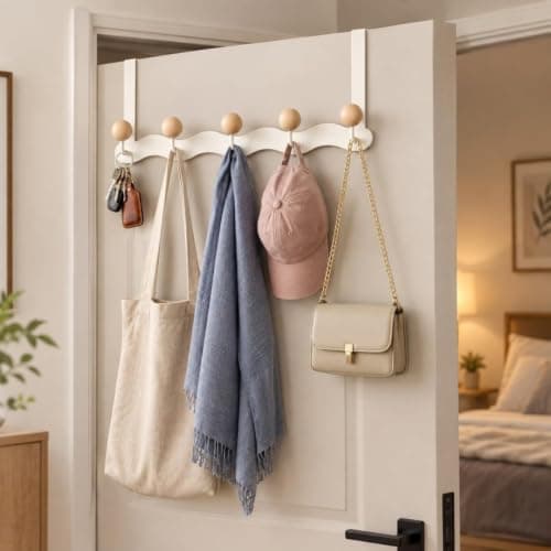 Over Door Hanger, 5 Hooks, Iron And Wood, No Drill 38 cm Space Saving White | No Drill Installation, 5 Hooks For Clothes, Towels, Bags And Accessories, Ideal For Bedroom, Bathroom, Office And Entryway Storage hook