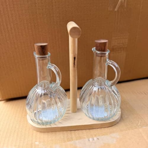 Generic Glass Oil and Vinegar Bottle Set of 2, 220 ml Capacity, with Wooden Stand and Cork, .F