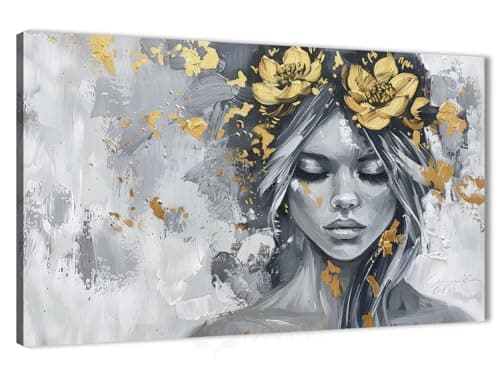 NOVA ART Abstract Canvas Wall Art Grey and Gold Floral Canvas Prints Wall Art for Bedroom Living Room Office Wall Decor Modern Home Decor 40cm x 60cm