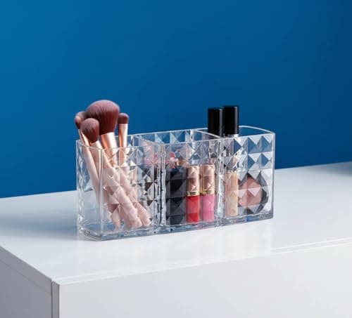 Clear Makeup Brush Organizer and Holder – Elegant Design with 3 Slots for Cosmetic Brushes Storage – Modern Shape Provides Perfect Table or Dresser Arrangement – Practical and Easy to Clean Caddy