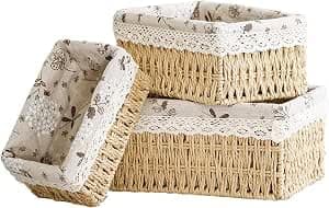 3 Piece Storage Basket Set - Linen Textured Fabric Cover Organizers and Joubir Knar - Basket with Metal Legs Inside - Home Organization for Clothes and Items KH Storage box