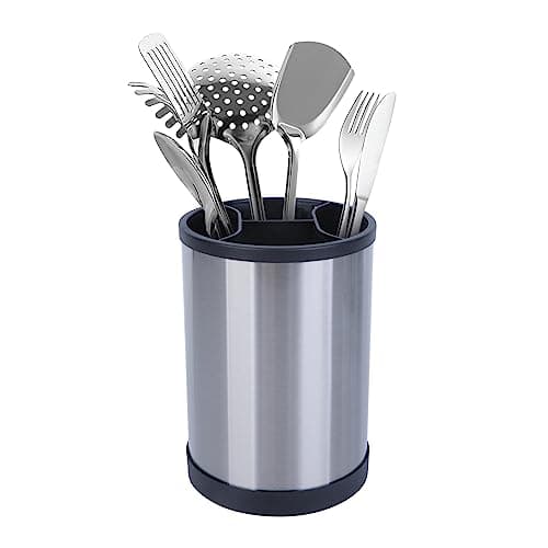 Iceten Rotating Black Utensil Holder, Large Retro Cylindrical Cutlery Holder with Non-Slip Base Stainless Steel Kitchen Utensils Holder Large Capacity Spoon Holder Utensil Pot(Silver & Black )