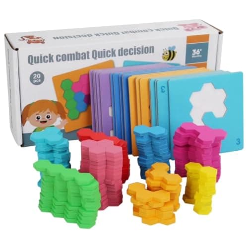 Wooden Speed Challenge Shape Game with 100+ Hexagons and 20 Cards