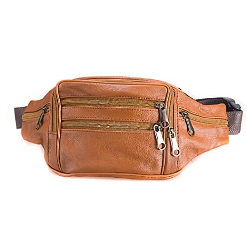 Fanny Pack Outdoor travel leather Fanny pack,Cowhide Leather Large Size 7 Pockets waist bag.Suitable for outdoor mountaineering, travel, camping, cycling, running, etc., light browan, One Size