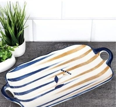 Generic Porcelain Serving Tray with 2 Handles, Large Deep-Shaped Striped Design, 32 x 17 cm .A2