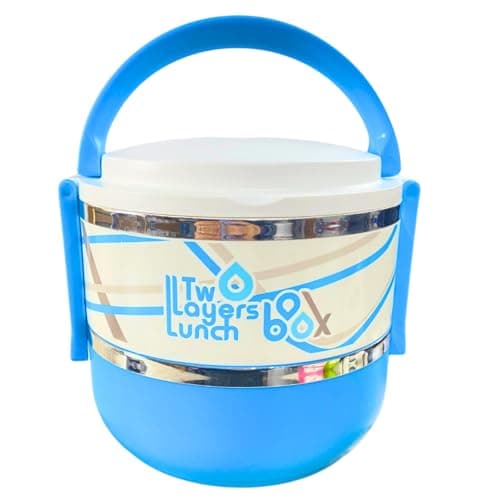 Heavy Duty Two-Layer Plastic Lunch Box, BPA-Free, 1.4L Capacity, Airtight with Air Hole, Rubber Seal, Double-Sided Lock, and Dual Handles for Easy Carrying (Light Blue)