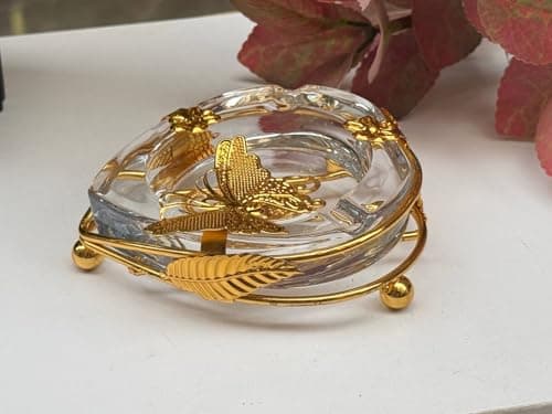 Generic Glass Ashtray with Gold Metal Stand, Butterfly and Floral Design, Clear and Gold, Decorative Style, .soh