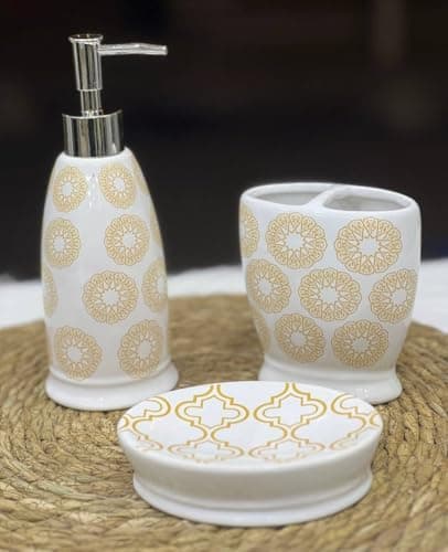 Generic Bathroom Accessory Set, White with Gold Moroccan Pattern, 3-Piece, Soap Dispenser, Toothbrush Holder and Soap Dish,.a2 Bathroom container set
