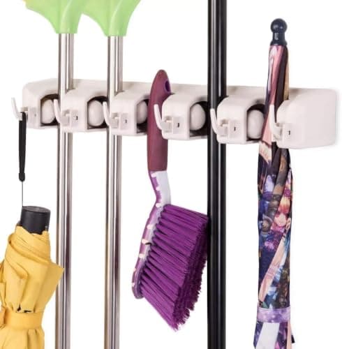 5 Slot Wall Mounted Broom Holder with 6 Hooks for Cleaning Tool Storage