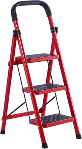 Generic 3-Step Foldable Metal Ladder, Red, Lightweight and Stable Design for Home and Storage