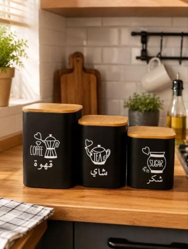 Generic Kitchen Canister Set (Coffee – Tea – Sugar),Set of 3 canisters.,Modern black design with an elegant wooden lid,Keeps coffee, tea, and sugar neatly organized,High-quality, easy-to-clean, .ho